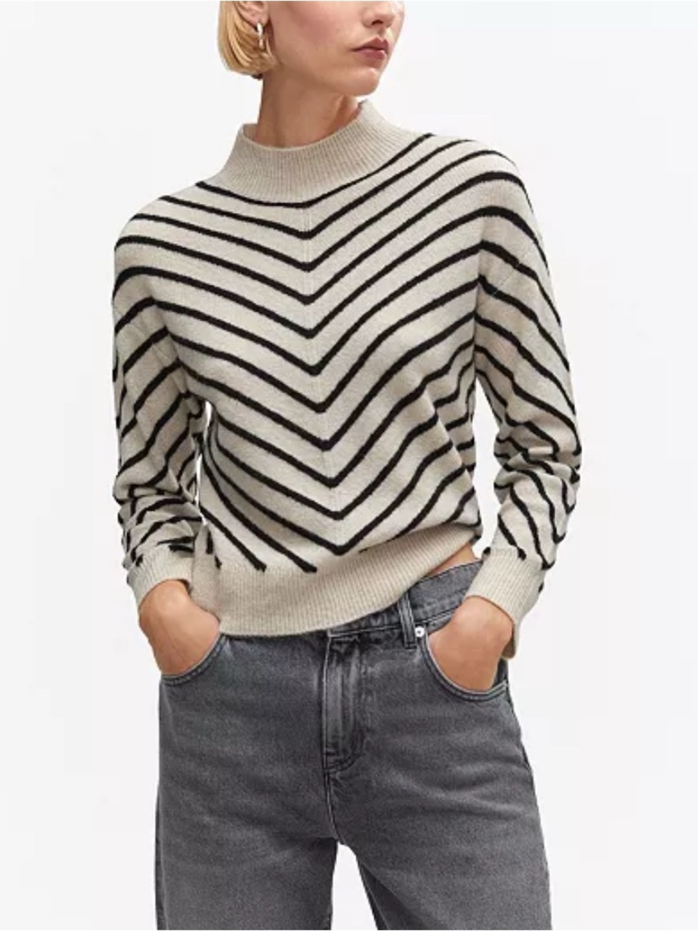 Mango Chevron Stripe Mock Neck Sweater - Cream & Black